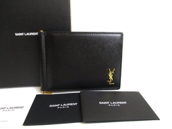 Photo1: Saint Laurent YSL Black Leather Gold H/W Bifold Bill Wallet #a850
