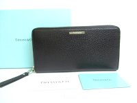 Tiffany & Co. Logo Plate Black Leather Round Zip Wallet #a871