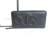 GUCCI Black Leather Snake Motif Round Zip Long Wallet #a872