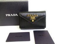 PRADA Black Leather Trifold Wallet Compact Wallet #a873