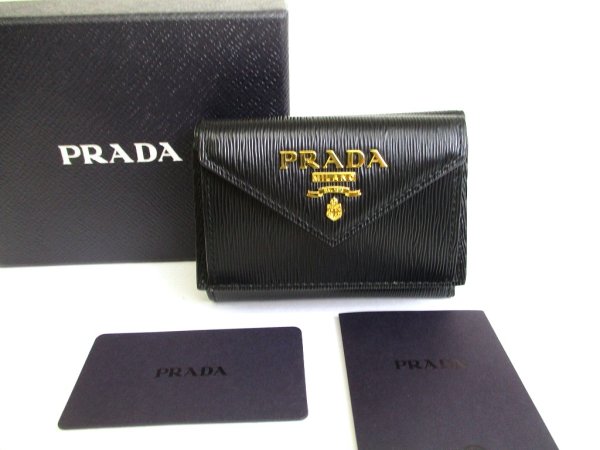 Photo1: PRADA Black Leather Trifold Wallet Compact Wallet #a873