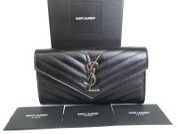 Saint Laurent YSL Silver YSL Motif Black Leather Long Flap Wallet #a875