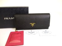 PRADA Saffiano Black Hibiscus Leather Bifold Long Flap Wallet #a886
