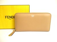 FENDI Peekaboo Beige Leather Zip Around Long Wallet #a899
