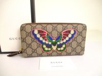 GUCCI GG Coating Canvas Leather Butterfly Motif Round Zip Wallet #a907