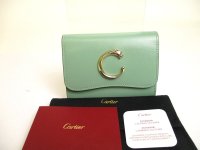 Cartier Panthere de Cartier Mint Green Leather Gold H/W Mini Wallet #a915