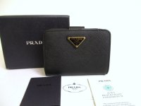 PRADA Saffiano Black Leather Bifold Wallet Compact Wallet #a924