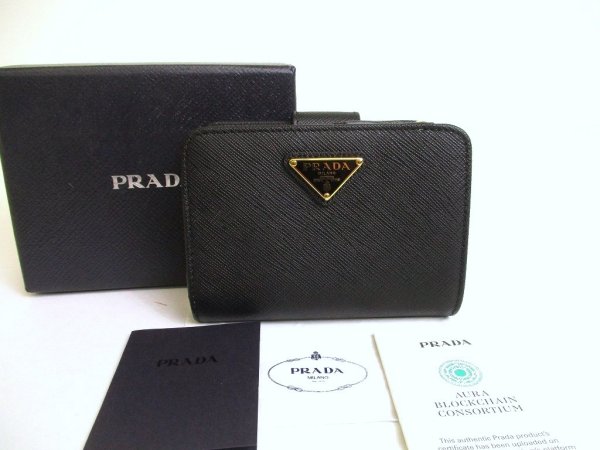 Photo1: PRADA Saffiano Black Leather Bifold Wallet Compact Wallet #a924