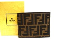 FENDI Zucca Khaki Canvas Brown Leather Bifold Wallet Compact Wallet #a934