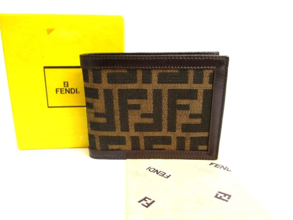 Photo1: FENDI Zucca Khaki Canvas Brown Leather Bifold Wallet Compact Wallet #a935