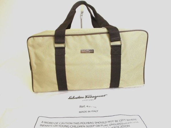 Photo1: Salvatore Ferragamo Logo Plate Beige Canvas Boston bag Travel bag #a937