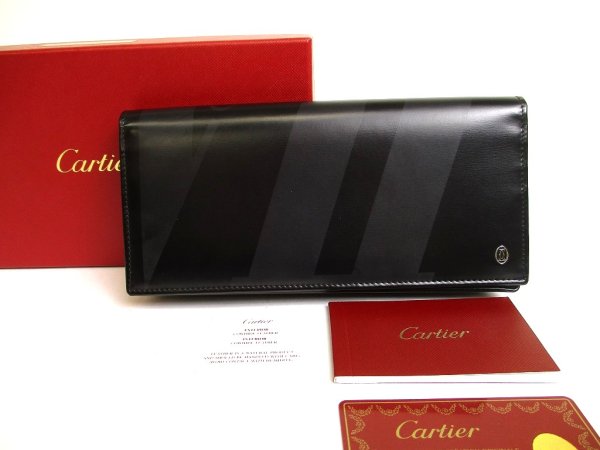 Photo1: Cartier Pasha de Cartier Black Leather Bifold Long Flap Wallet Purse #a941