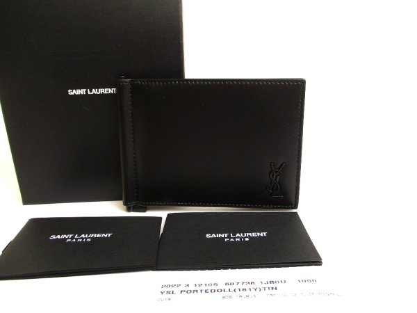 Photo1: Saint Laurent YSL Black Leather Gold H/W Bifold Bill Wallet #a956