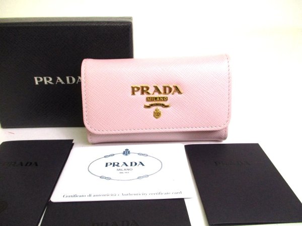 Photo1: PRADA Light Pink Saffiano Metal Leather 4 Pics Key Chain #a959