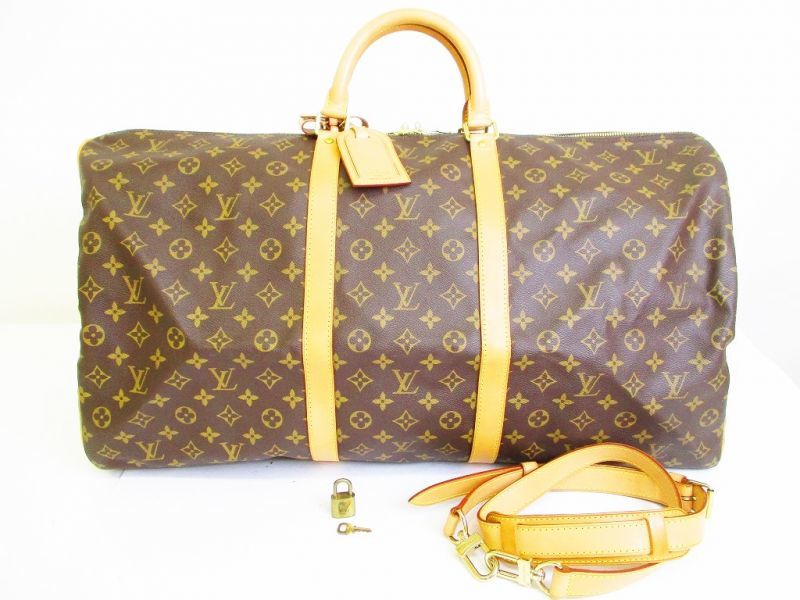 LOUIS VUITTON Monogram Leather Brown Duffle&Gym Bag Keepall 60 Bandouliere #6685 - Authentic ...