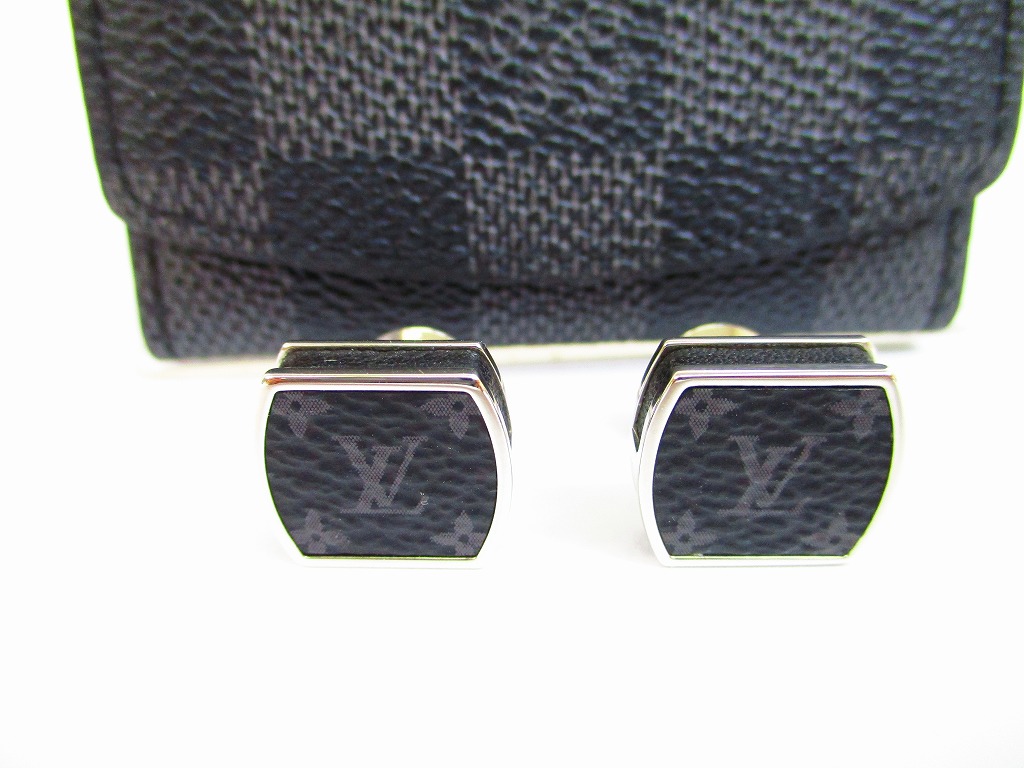 LOUIS VUITTON Black Monogram Eclipse Leather Steel Cufflinks #6698 - Authentic Brand Shop TOKYO&#39;s