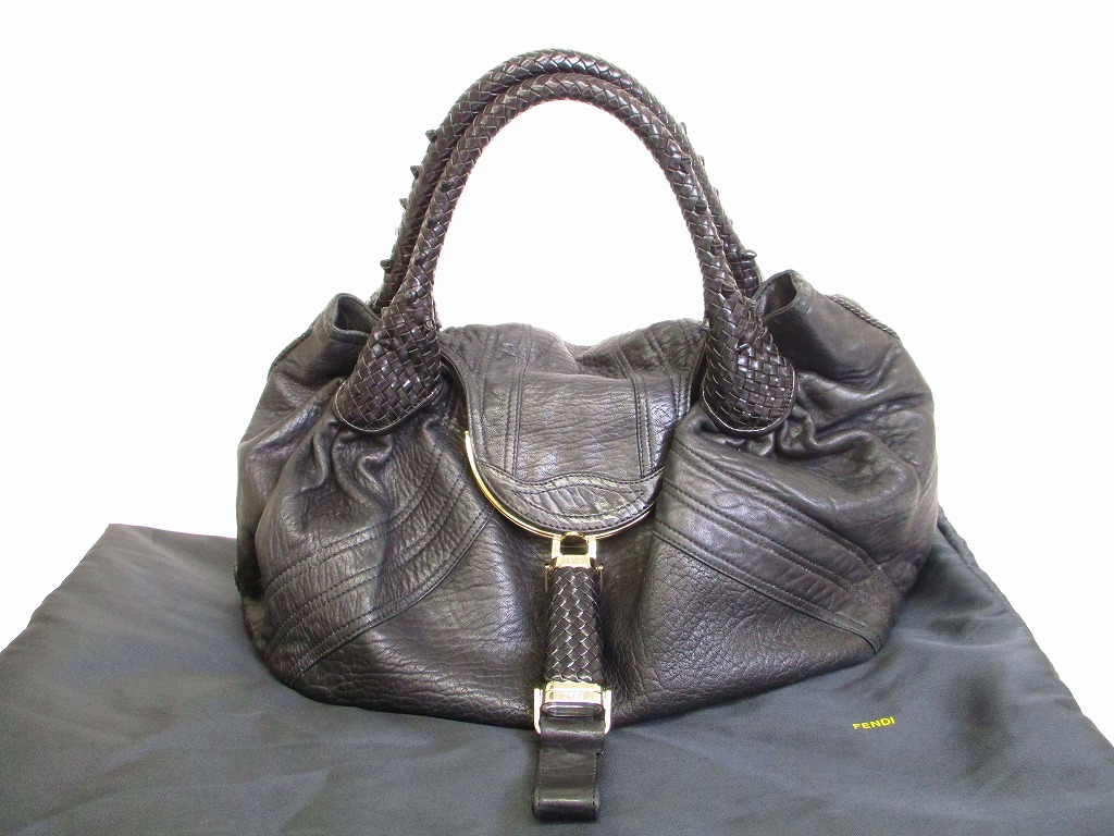 FENDI Braided Handle Black Leather Zucca Spy Bag Hand Bag Purse #7105 ...