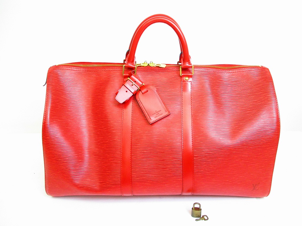 LOUIS VUITTON Epi Red Leather Duffle Bag Gym Bag Purse Keepall 50 #7123 - Authentic Brand Shop ...