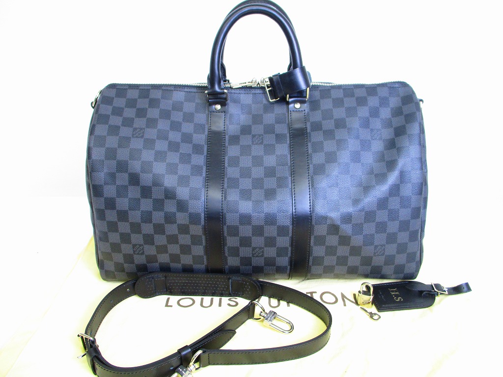 LOUIS VUITTON Damier Graphite Leather Gym Bag Keepall 45 Bandouliere #7203 - Authentic Brand ...