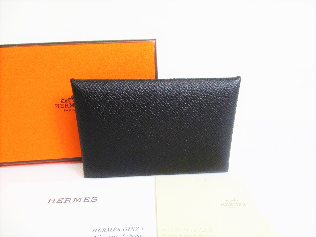 HERMES Black Veau Epson Leather Card Case Card Holder Calvi #7976 ...
