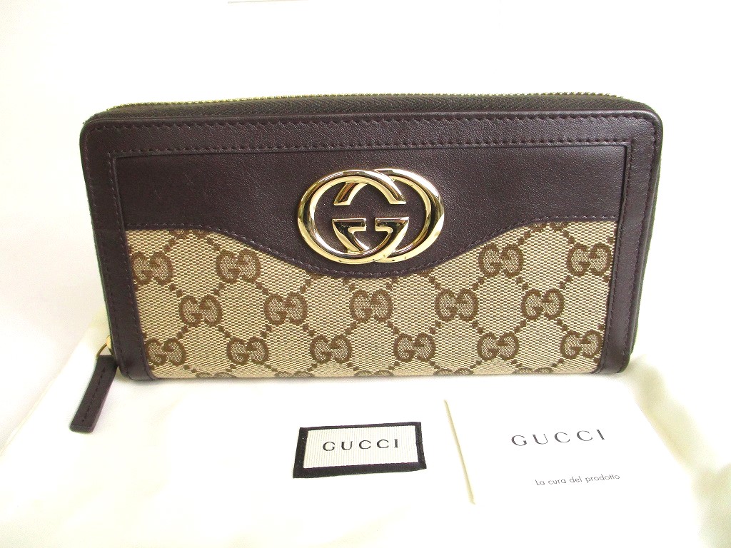 GUCCI GG Brown Canvas and Leather Round Zip Long Wallet #9658 ...