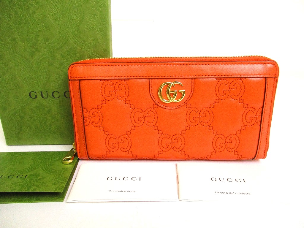 Portefeuille authentique GUCCI GG Matelasse cuir orange zippé #9897