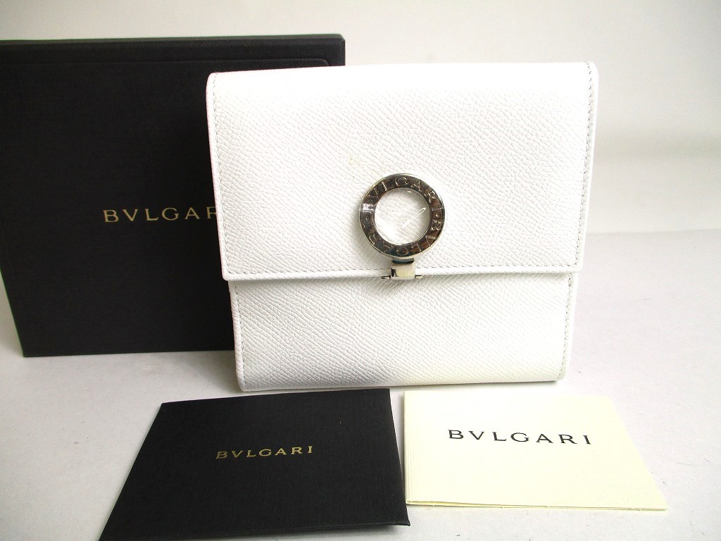 BVLGARI White Leather Logo Clip Trifold Wallet #a446