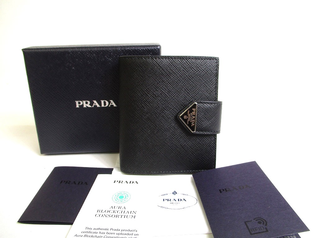 PRADA Saffiano Black Leather Bifold Wallet Compact Wallet #a461