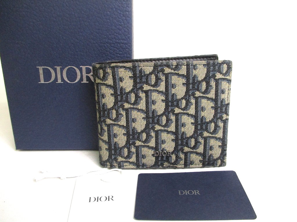 Christian Dior Navy Blue Canvas Leather Lady Dior Bifold Bill Wallet #a473