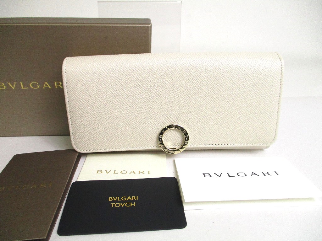 BVLGARI White Agate Berry Tourmaline Leather Logo Clip Long Wallet #a485