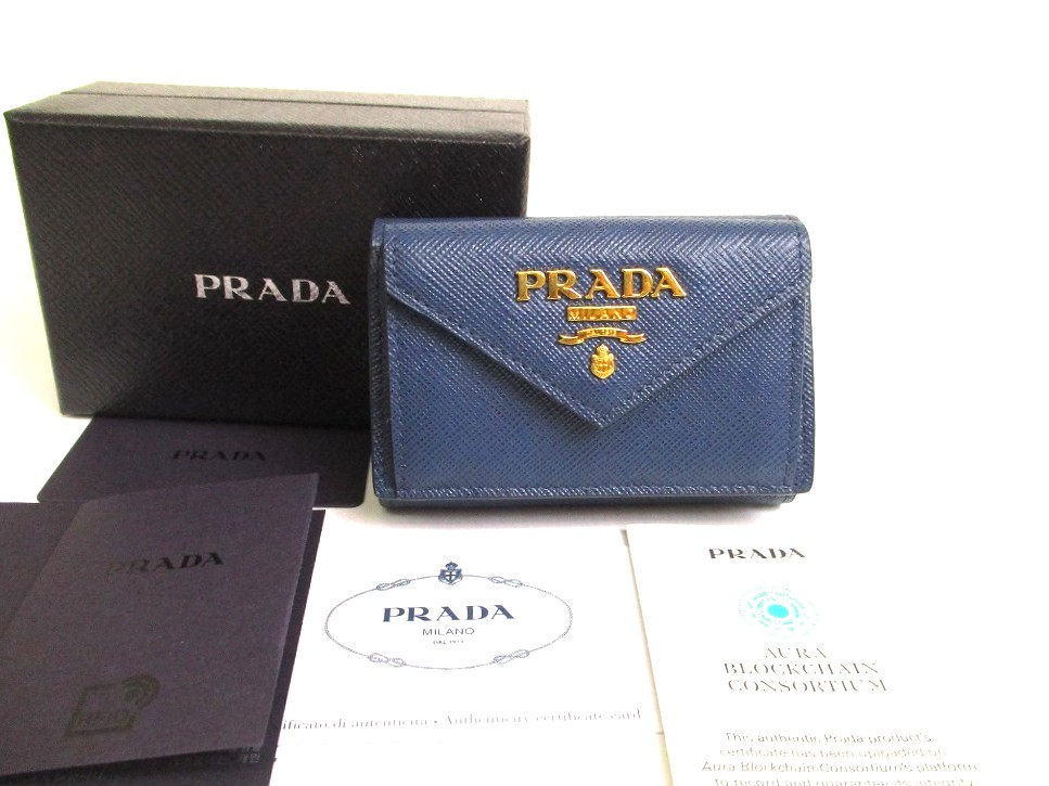 PRADA Blue Saffiano Mtal Leather Trifold Wallet Compact Wallet #a717