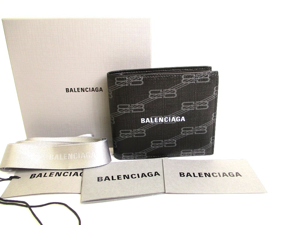 BALENCIAGA Signature Square Black Leather Bifold Bill Wallet #a837