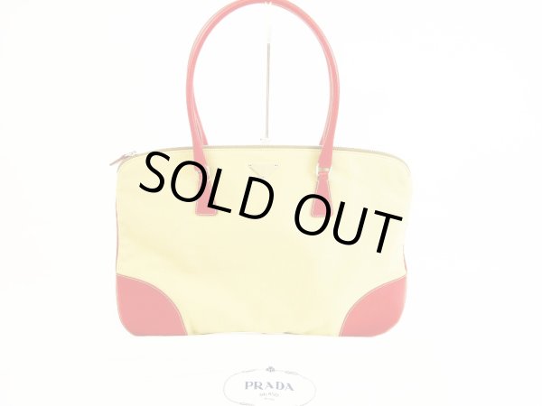 Photo1: PRADA Canvas&Leather Beige Red Hand Bag Purse #5896