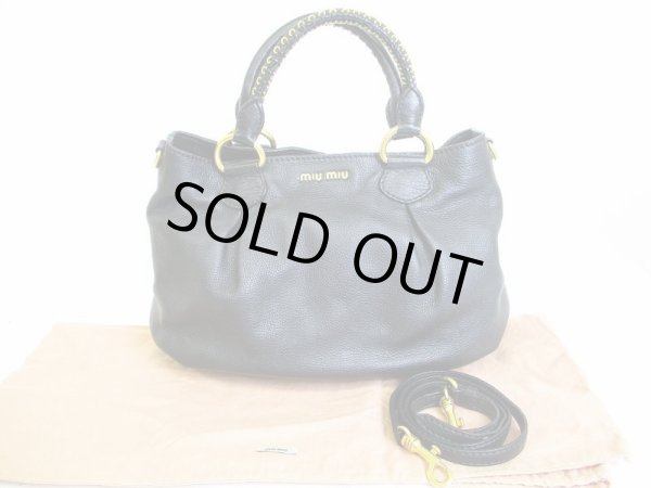 Photo1: miumiu Black Calf Leather Hand Bag 2way Bag With Strap #3734