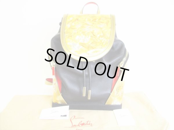 Photo1: Christian Louboutin Black and Gold Leather Backpack Bag Purse #7780