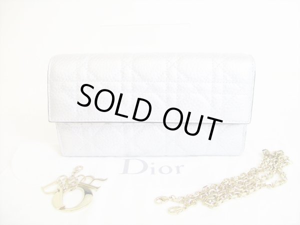 Photo1: Christian Dior Silver Leather Lady Dior Cannage Chain Wallet #7982