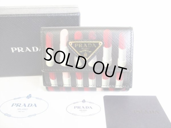 Photo1: PRADA Black Saffiano Leather Lipstick Motif Trifold Wallet Wallet #8628