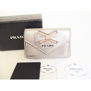 Photo: PRADA Ribbon Silver Saffiano Leather Trifold Wallet Compact Wallet #8714