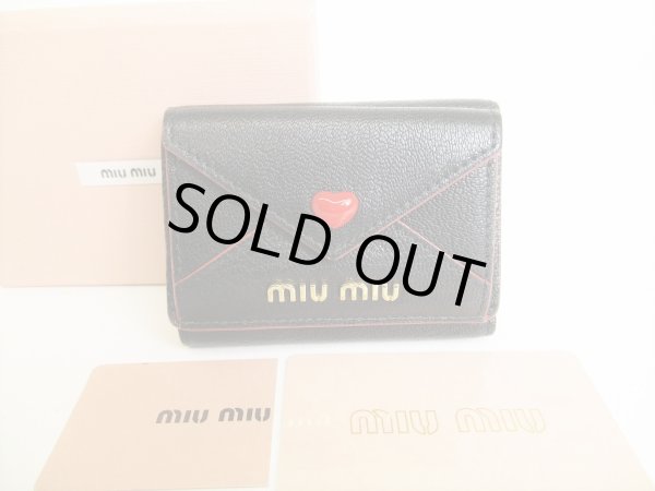 Photo1: miumiu Black Leather Madras Love Trifold Wallet Compact Wallet #8740