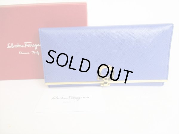 Photo1: Salvatore Ferragamo Gancini Blue Leather Bifold Long Wallet #8814