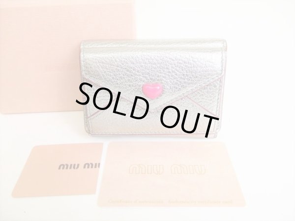 Photo1: miumiu Silver Leather Madras Forever Trifold Wallet Compact Wallet #8843