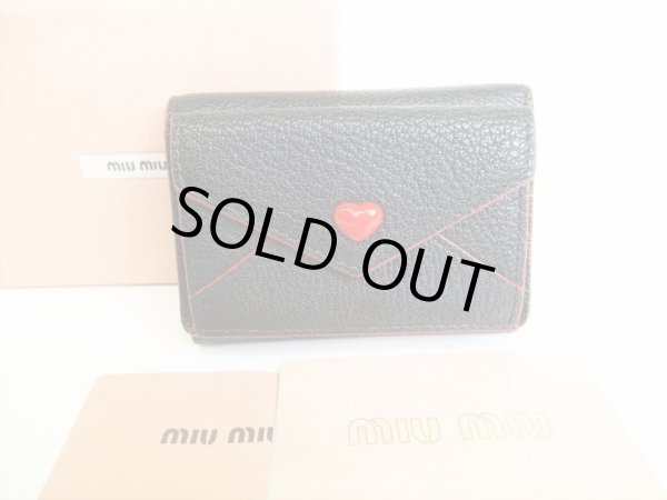 Photo1: miumiu Black Leather Madras Forever Trifold Wallet Compact Wallet #8851