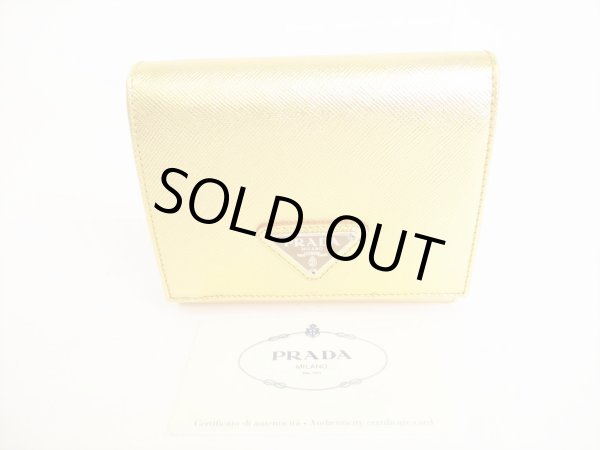 Photo1: PRADA Gold Saffiano Leather Trifold Wallet Compact Wallet #8866