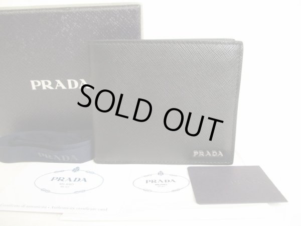 Photo1: PRADA Black Saffiano Leather Bifold Bill Wallet Compact Wallet #8978