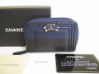 Photo1: CHANEL BOY CHANEL Navy Blue Black Leather Zip Coin Purse #8988