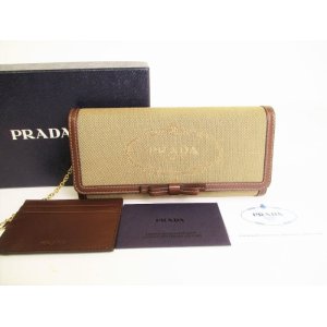 Photo: PRADA Logo Jacquard Beige Canvas Brown Leather Flap Long Wallet #9025