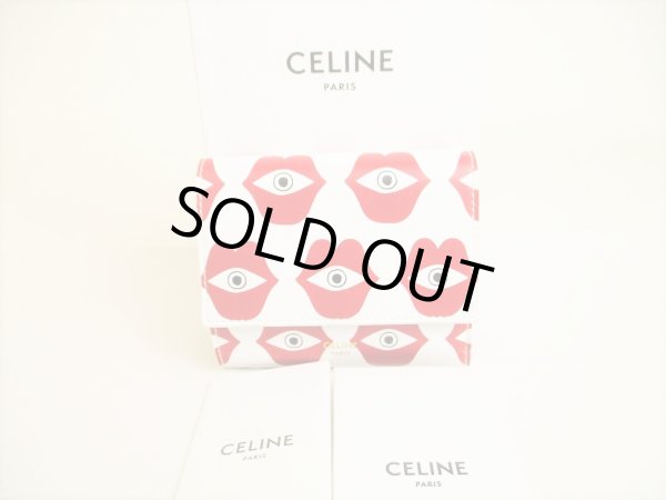 Photo1: CELINE White Red Leather Small Trifold Wallet Compact Wallet #9133