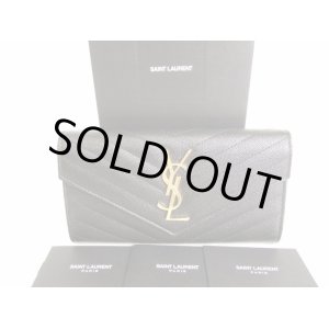 Photo: Saint Laurent Paris Gold YSL Motif Black Leather Long Flap Wallet #9185