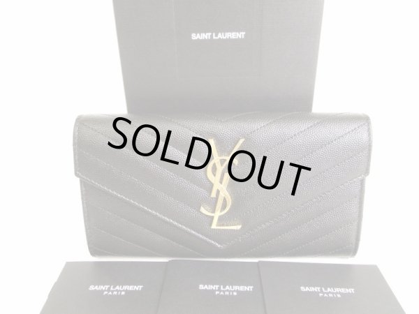 Photo1: Saint Laurent Paris Gold YSL Motif Black Leather Long Flap Wallet #9185