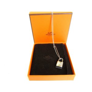 Photo: HERMES O'Kelly Silver Plated Black Veau Swift Pendant Necklace #9214